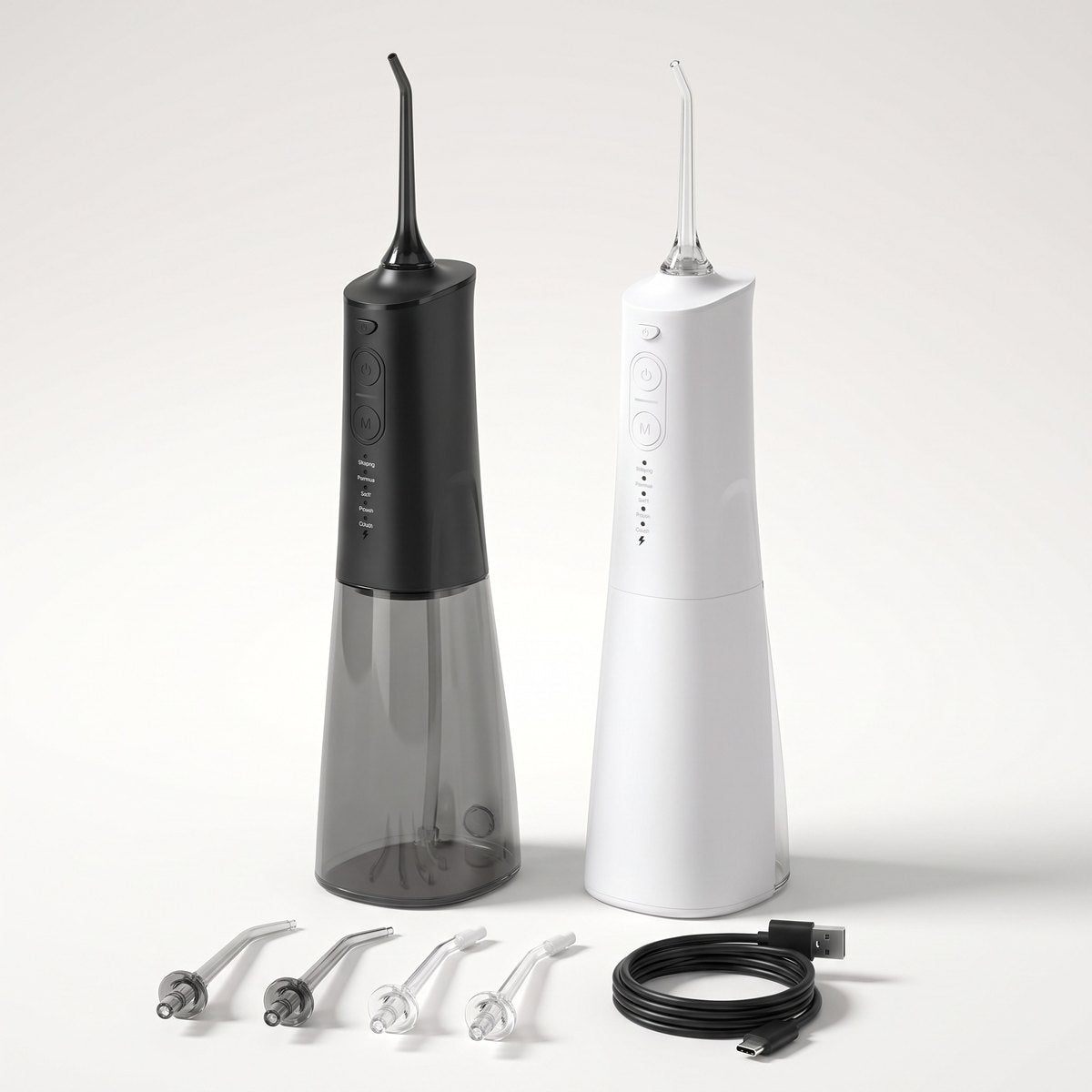 Hydropulseur Purivo en noir et en blanc avec ses embouts et son câble