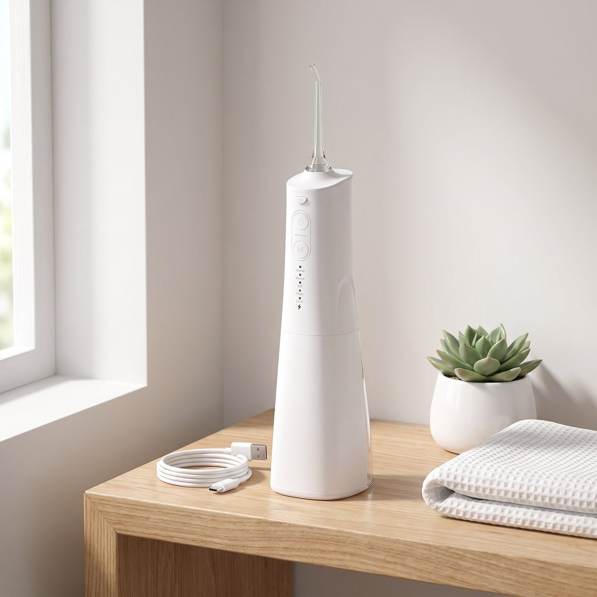 Hydropulseur blanc sur une étagère avec son câble USB-C