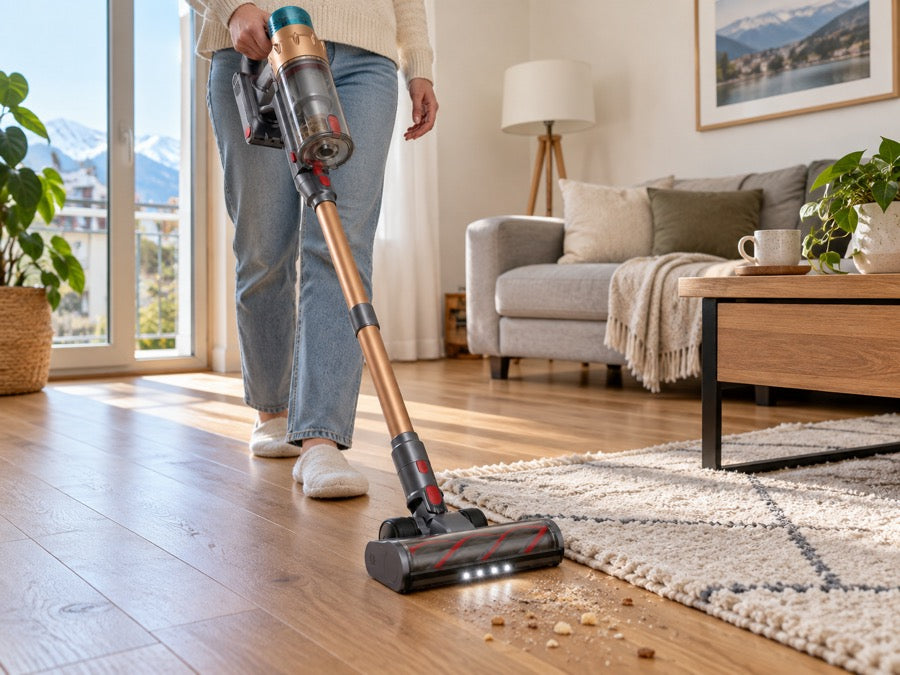 Airvac V18 reinigt Teppich mit Tierhaaren im Wohnzimmer