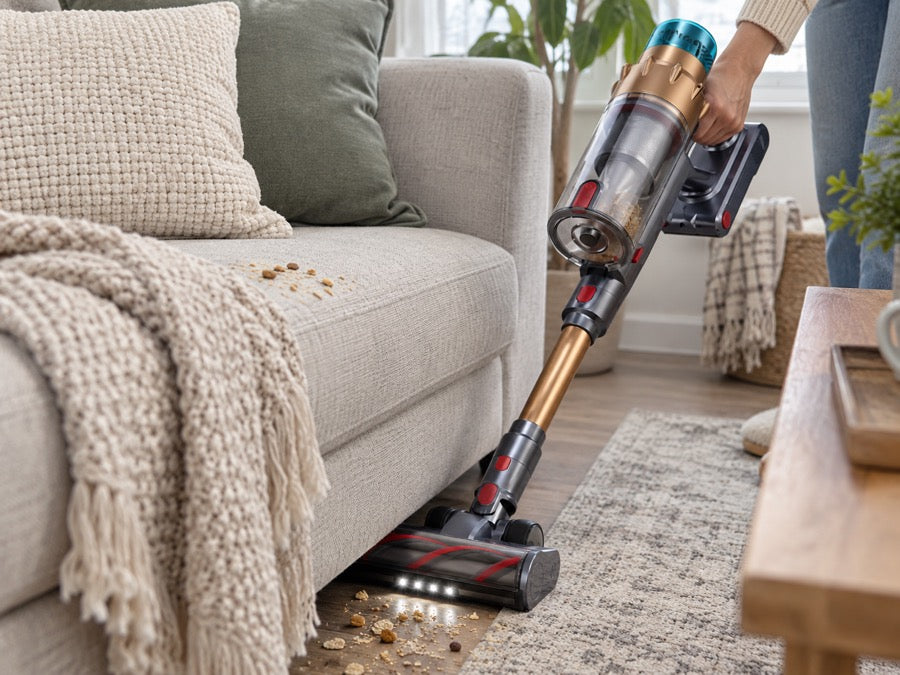 Airvac V18 reinigt Staub unter dem Sofa mit grünem LED-Licht