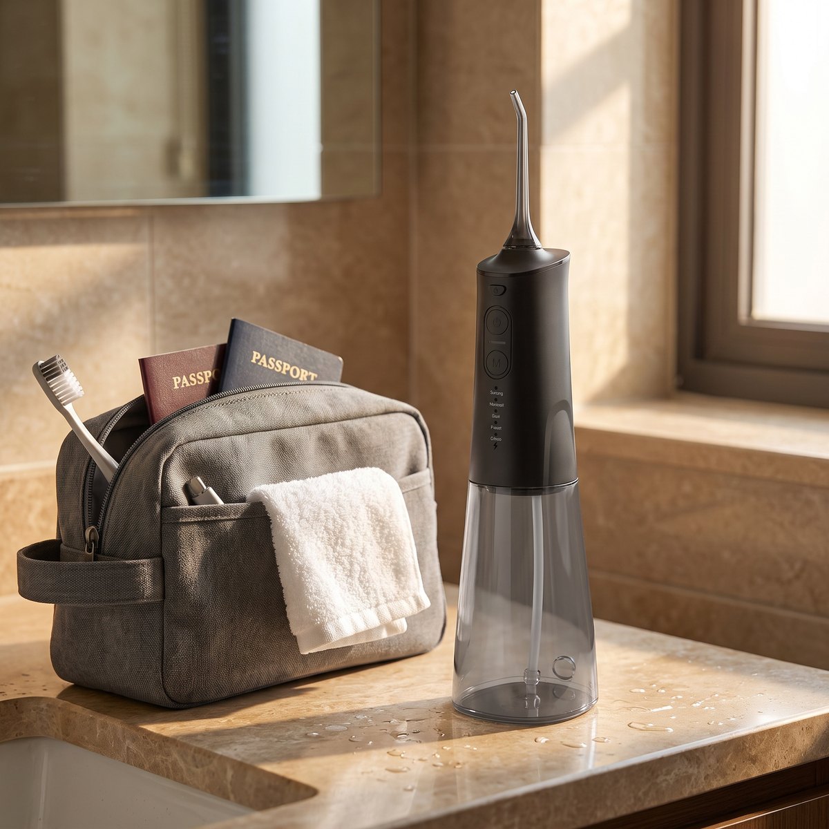 Hydropulseur Purivo noir posé à côté d’une trousse de toilette