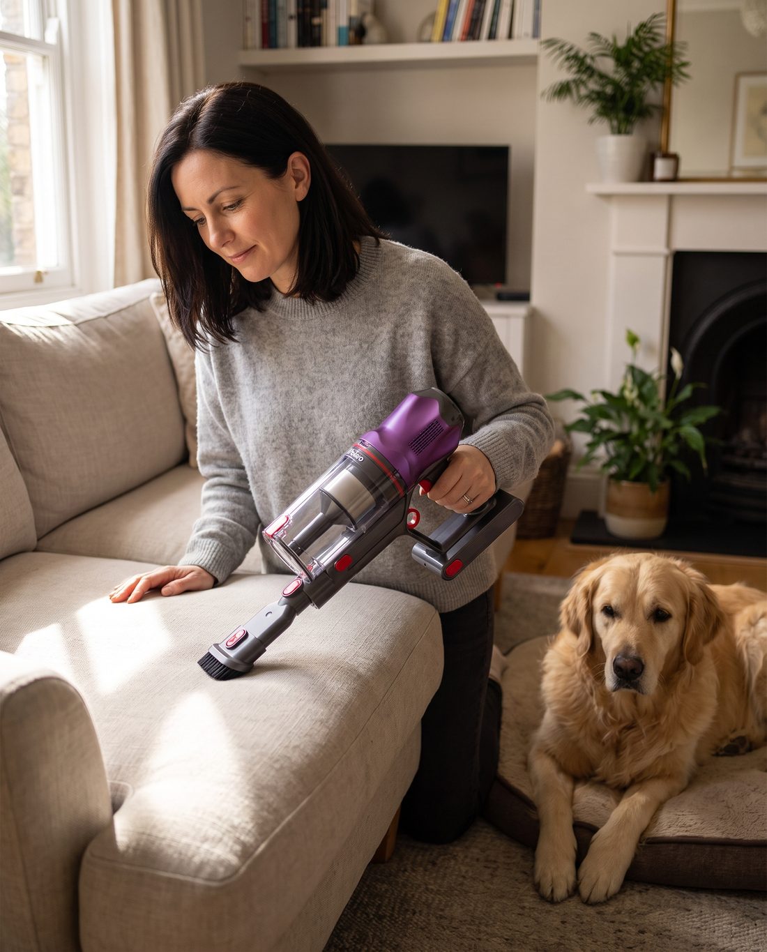 Cleaning a sofa with the Polaro V16 in handheld mode