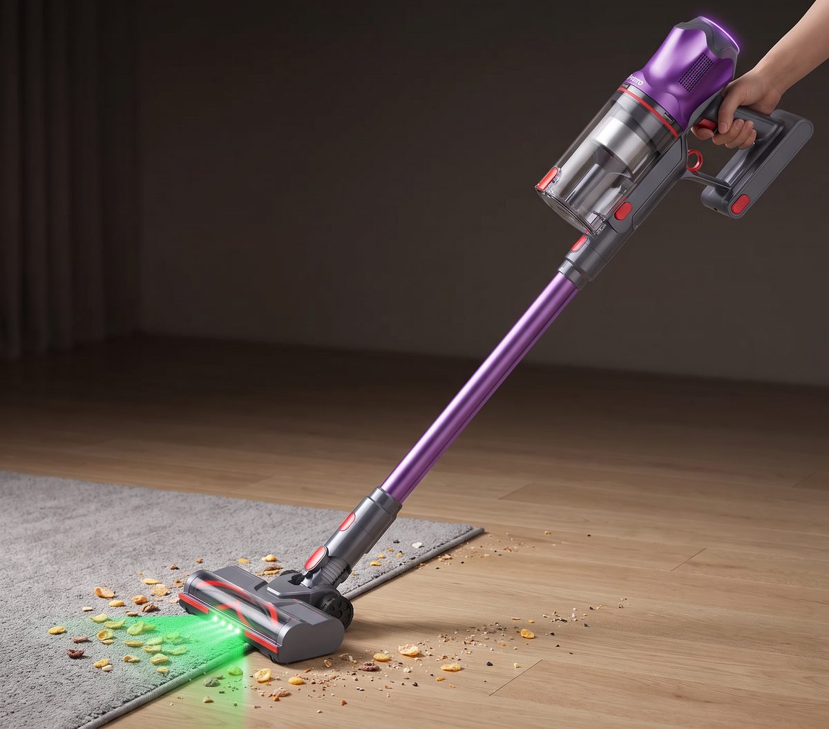 Polaro V16 sweeping cereal and grit from a wooden floor