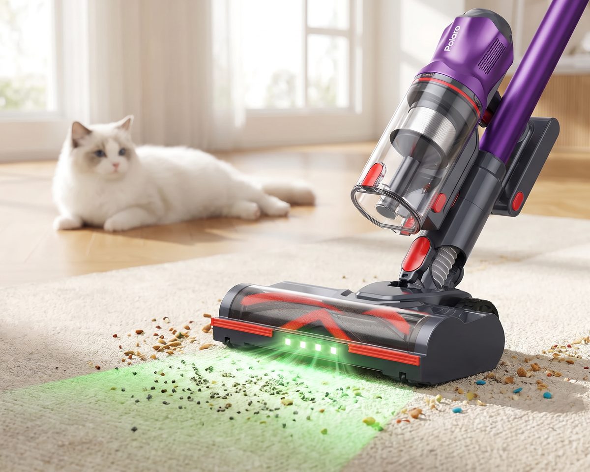 Polaro V16 floor brush picking up litter from a rug